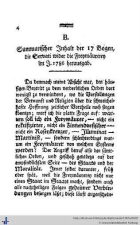B. Summarischer Inhalt der 17 Bogen, die Servati wider die Freymäurerey im J. 1786 herausgab.