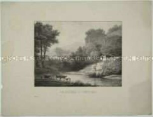 Sommerliche Fluss- und Felslandschaft mit Holzhäusern und Staffagefiguren