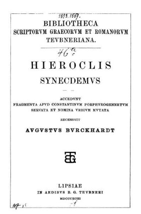 Hieroclis Synecdemus : Accedunt fragmenta apud Constantinum Porphyrogennetum servata et nomina urbium mutata