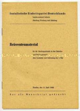 Referentenmaterial der SED für Schulungsabende über den 1. Mai