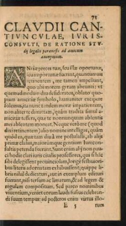 Claudii Cantiunculae, Iurisconsulti, De Ratione Studii legalis paraenesis ad amicum anonymum.