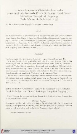 5.Zehen hauptarticul Christlicher leere wider yetztschwebende Irrthumb. Durch die Prediger unnd Diener deß hailigen Euangelij zů Augspurg [Ende Februar bis Ende April 1535]