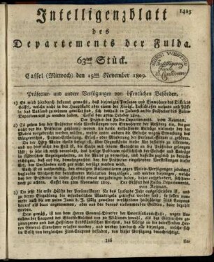 63tes Stueck, (Mitwoch) den 15ten November 1809
