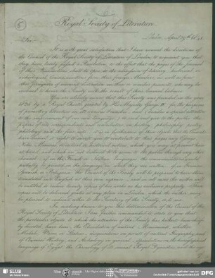 Gedr. Brief, eigenh. unterzeichnet, von William Richard Hamilton an August Wilhelm von Schlegel, London, 29.04.1841