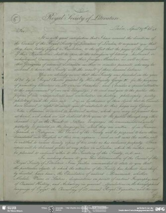 Gedr. Brief, eigenh. unterzeichnet, von William Richard Hamilton an August Wilhelm von Schlegel, London, 29.04.1841