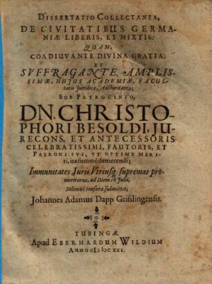 Dissertatio Collectanea, De Civitatibus Germaniae Liberis, Et Mixtis
