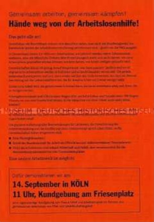 Propagandaflugblatt gegen die Abschaffung der Arbeitslosenhilfe mit Aufruf zu einer Großkundgebung in Köln