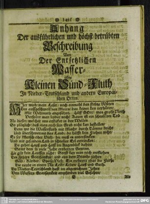 Anhang Der ausführlichen und höchst-betrübten Beschreibung Von Der Entsetzlichen Wasser- oder Kleinen Sünd-Fluth, In Nieder-Teutschland und andern Europäischen Orten