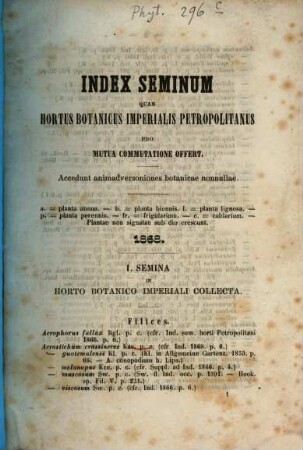 Index seminum : quae Hortus Botanicus Imperialis Petropolitanus pro mutua commutatione offert. 1868
