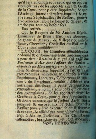 Arrest De La Cour Du Parlement De Provence : Du 21 Janvier 1763. Extrait Des Registres Du Parlement