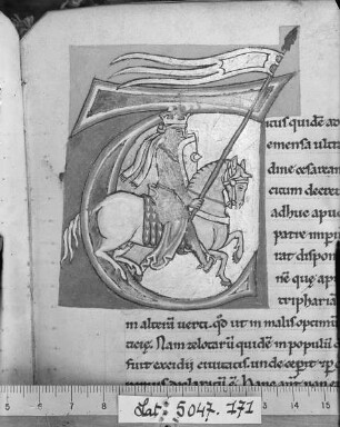Flavius Iosephus: Antiquitatum Iudaïcarum ; De bello Iudaïco libri septem / Flavii Josephi antiquitatum Judaïcarum libri viginti : ad calcem subjicitur sancti Hieronymi de Josepho testimonium. — Initial T(itus ...) mit Titus? auf Pferd, Folio fol. 171