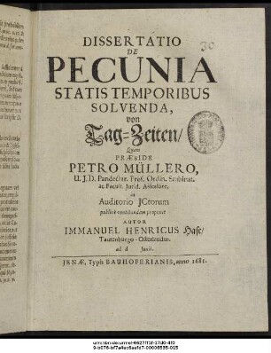 Dissertatio De Pecunia Statis Temporibus Solvenda