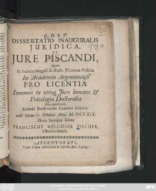 Dissertatio Inauguralis Juridica, De Jure Piscandi