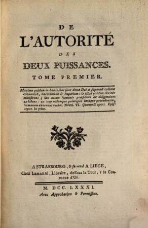 De L'Autorité Des Deux Puissances, 1