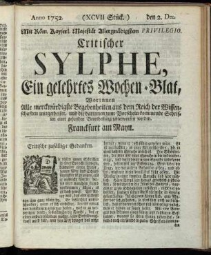 (XCVII. Stück.) den 2. Dec. Anno 1752.