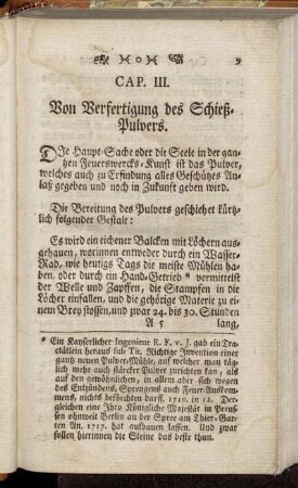 Cap. III. Von Verfertigung des Schieß-Pulvers. - Cap. IV. Von den Pulver-Proben.