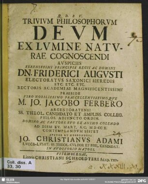 Trivium Philosophorum Deum Ex Lumine Naturae Cognoscendi
