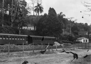 Eisenbahnwagen : Zwei Personenwagen eines Zuges auf Gleisen. Im Hintergrund Bäume und zwei Gebäude.