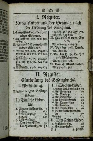 I. Register. Kurze Anweisung der Gesänge nach der Ordnung des Catechismi.