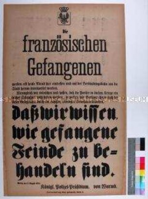 Bekanntmachung des Königlichen Polizeipräsidiums über das Eintreffen von französischen Kriegsgefangenen in Berlin