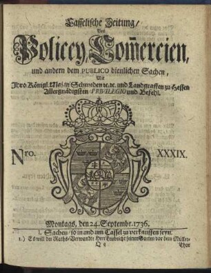 Nro. XXXIX, Montags, den 24. Septembr 1736