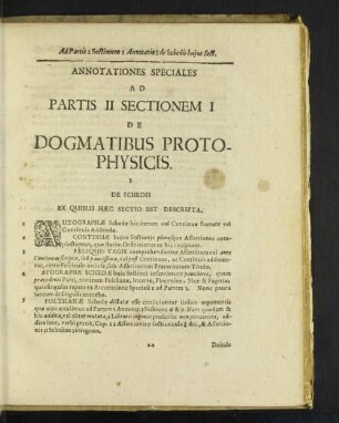 Annotationes Speciales Ad Partis II Sectionem I De Dogmatibus Protophysicis.
