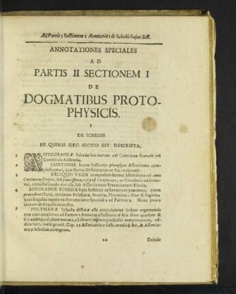 Annotationes Speciales Ad Partis II Sectionem I De Dogmatibus Protophysicis.