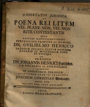 Dissertatio Iuridica De Poena Rei Litem Vel Plane Non, Vel Non Rite Contestans