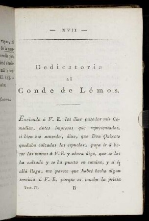 Dedicatoria al Conde de Lémos.