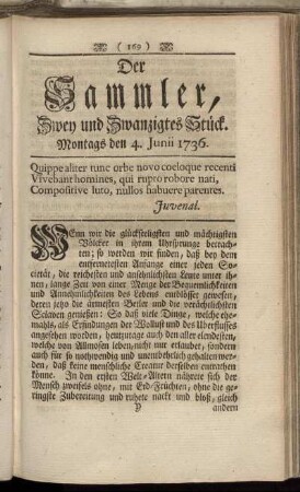 Zwey und Zwanzigstes Stück. Montags den 4. Junii 1736.