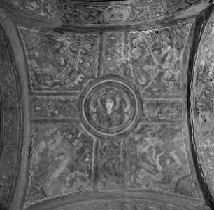 Freskendekoration mit Figuren und Szenen des AT, der Apokalypse, Evangelisten und Heiligen — Betende Madonna als Halbfigur in Tondo, umgeben von den vier Städten der Philister