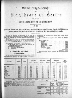 No. 23. Bericht über die Verwaltung des städtischen Obdachs, der II. städtischen Desinfektions-Anstalt und der Station für Geschlechtskranke