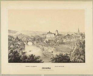 Die Stadt Zschopau und das Schloss Wildeck im Erzgebirge von Südosten über die Zschopau mit Brücke und Wehr, aus dem Album der Chemnitz-Annaberger Staats-Eisenbahn von 1866