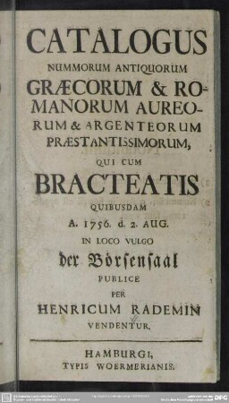 Catalogus Nummorum Antiquorum Graecorum & Romanorum Aureorum & Argenteorum Praestantissimorum
