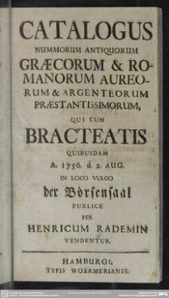 Catalogus Nummorum Antiquorum Graecorum & Romanorum Aureorum & Argenteorum Praestantissimorum