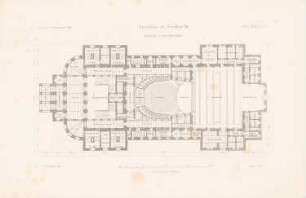 Neues Theater (Oper), Frankfurt/Main: Grundriss auf Bühnenhöhe (aus: Atlas zur Zeitschrift für Bauwesen, hrsg. v. L.v.Tiedemann, Jg. 33, 1883)