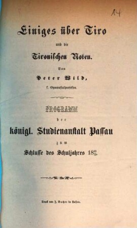 Programm der K. Studienanstalt Passau : für das Studienjahr .... 1869/70