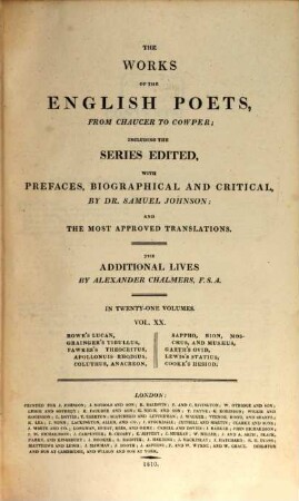The works of the English poets, from Chaucer to Cowper : in 21 volumes, 20. Rowe's Lucan [u.a.]