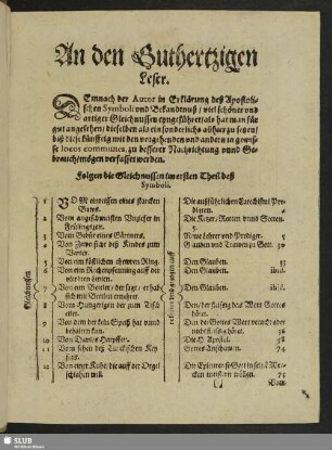 An den Guthertzigen Leser. Folgen die Gleichnussen im ersten Theil deß Symboli