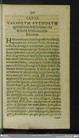 CLXXX. Variorum Authorum agriculturae definitiones; ubi & terrae fertilitatis consideratio
