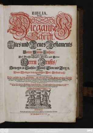 Biblia, Das ist: Die gantze H Schrifft, Altes und Neues Testaments Teutsch/ Doctor Martin Luthers : Auff gnädigste Verordnung Deß ... Herrn Ernsts/ Hertzogen zu Sachsen/ Jülich/ Cleve ... Von etlichen Reinen Theologen dem eigentlichen Wort-Verstand nach erkläret ... Darbey auch ... Register/ unter andern zu finden ein Bericht/ von Vergleichung der Jüdischen und Biblischen Monden/ Maaß/ Gewicht/ und Müntz/ mit den Unserigen: So wol auch eine Beschreibung der Stadt Jerusalem/ sammt unterschiedlichen neuen Land-Tafeln/ und andern schönen Kupffer-Figuren ... Ist auch zu End neben den Christlichen Haupt-Symbolis/ mit beygedruckt worden/ ein kurtzer und nützlicher Bericht/ von der Augspurgischen Confession/ sammt den Artickeln der Confession selbsten/ wie sie in dem rechten Original, so im Jahr 1530. Kaiser Carl/ dem Fünfften/ überantwortet worden/ begriffen sind