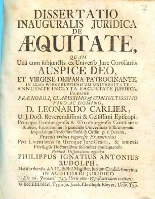 Dissertatio Inauguralis Juridica De Aequitate : Unà cum subjunctis ex Universo Jure Corollariis