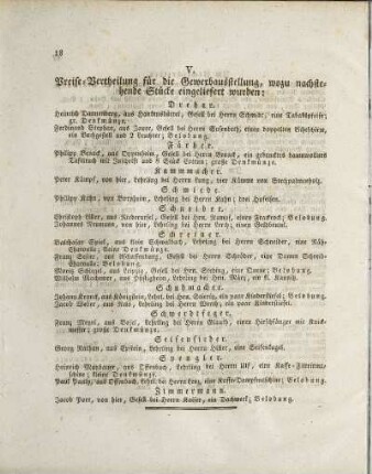 V. Preise-Vertheilung für die Gewerbausstellung, wozu nachstehende Stücke eingeliefert wurden: