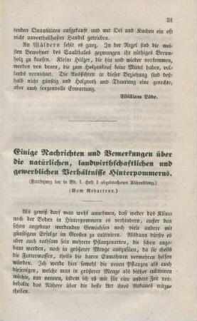 Einige Nachrichten und Bemerkungen über die natürlichen, landwirthschaftlichen und gewerblichen Verhältnisse Hinterpommerns. (Fortsetzung der in Bd. I. Heft 1 abgebrochenen Abhandlung.)