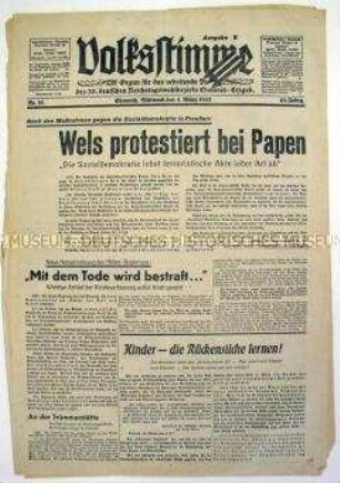 Sozialdemokratischen Tageszeitung "Volksstimme" zu den Maßnahmen der Hitler-Regierung nach dem Reichstagsbrand