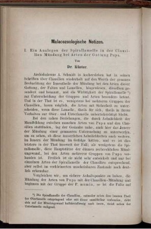 Malacozoologische Notizen. I. Ein Analogon der Spirallamelle in der Clausilien Mündung bei Arten der Gattung Pupa.