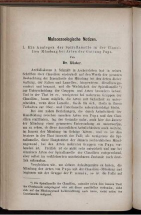 Malacozoologische Notizen. I. Ein Analogon der Spirallamelle in der Clausilien Mündung bei Arten der Gattung Pupa.