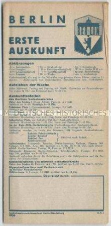 Informationsblatt der Berliner Verkehrsbetriebe zu den Olympischen Spielen 1936, u.a. mit Eintrittpreisen der Berliner Museen