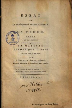Essai sur la superiorité intellectuelle de la femme