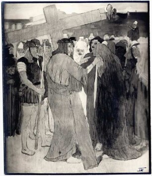 IV. Station: Jesus begegnet seiner Mutter (vermutlich Vorzeichnung und Untermalung) : Stationen des Kreuzweges Jesu (für die Kirche in Schönbrunn im Steigerwald). IV. Station: Jesus begegnet seiner Mutter (vermutlich Vorzeichnung und Untermalung). Gemälde (1928; M. Molitor)